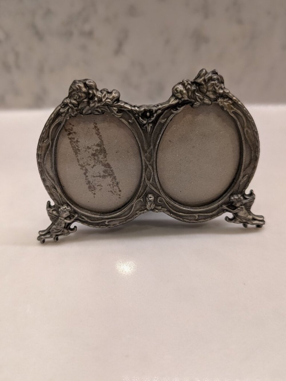 Vintage Art Nouveau Pewter Double Oval Picture Frame